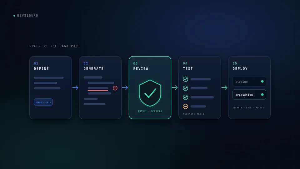 Five-stage secure development pipeline for AI-assisted code: define, generate, review, test and deploy, with the review stage highlighted.